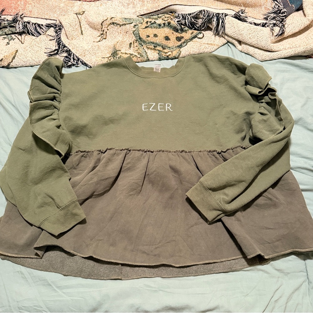 NWOT Re-Worked Vintage Olive Ruffle Sweatshirt